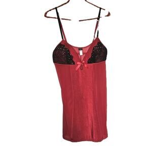 Vtg Y2K Lingerie Slip Dress Womens M Mesh Red Black Lace Bow Grunge Festival